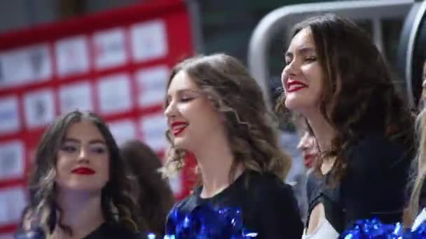 Group Cheerleaders Smiling Dancing Medium Closeup Indoors High Quality Footage — Stock Video