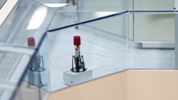 Side View Blood Samples Moving Laboratorys Belt Conveyor High Quality — ストック動画