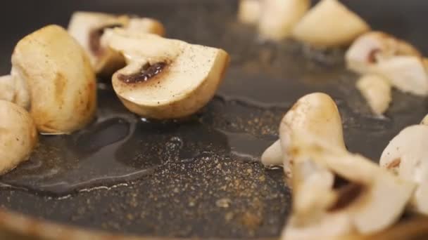 Chef Sautes Mushrooms Non Stick Pan Using Less Oil Moving — Video Stock