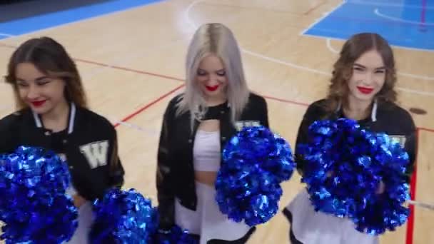 High Angle View Nice Looking Cheerleaders Waving Blue Pom Poms — Stockvideo