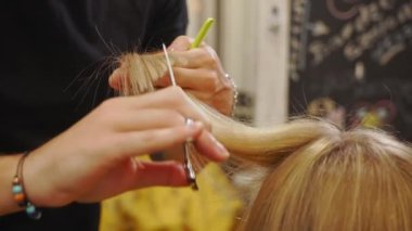 Close shot of a blond female hair being cut with scissors. Horizontal video. High quality 4k footage
