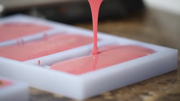 Pouring Pink Melted Chocolate Plastic Molds Chocolate Tempering Process Chocolate — Video Stock