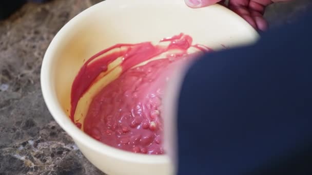 Unrecognisable Chocolatier Melting Mixing White Pink Chocolate Callets Bowl Using — Stockvideo