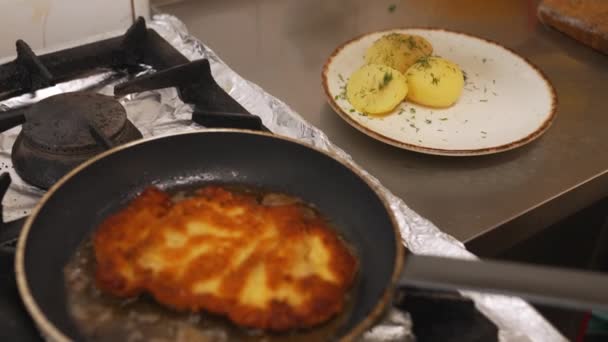 Schabowy Kotlet Frire Sur Une Poêle Pendant Que Chef Ajoute — Video