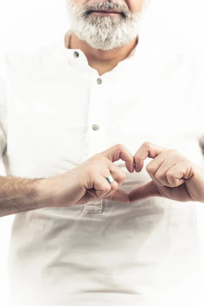 Middle Aged Bearded Man Making Heart Shape His Hands Isolated — Stock Photo, Image