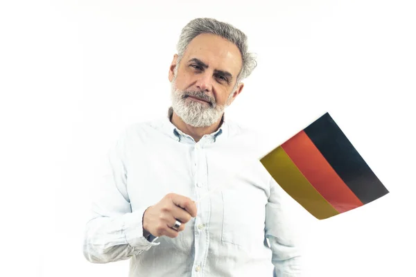 Gris Mediana Edad Pelo Guapo Hombre Ondeando Bandera Alemania Primer — Foto de Stock