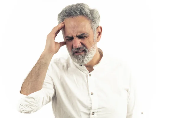 Stressed Out Middle Aged Man Headache Overworked Exhausted Closeup Studio — Stock Photo, Image