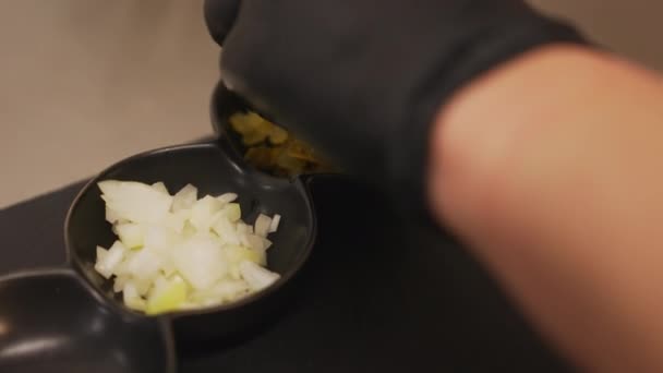 Chef Puts Gherkins Bowl Chopped Onion Serving Beef Tartare Traditional — Stock Video