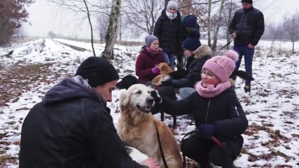 一群带着杂种狗的冬季服装外出散步的狗收容所工作人员 高质量的4K镜头 — 图库视频影像