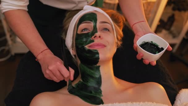 Beautician Applies Mask Clients Upper Body Using Brush Half Face — Stock Video