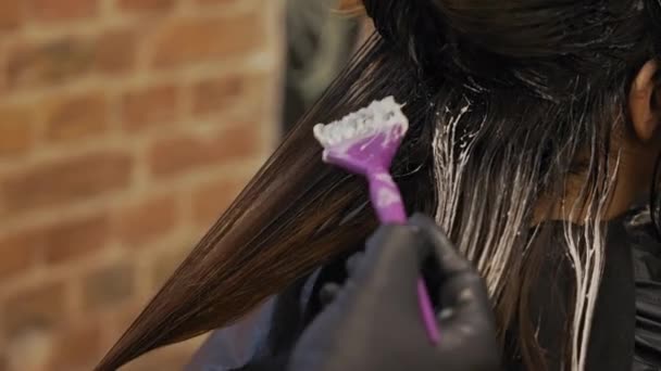 Zabieg Podkreślania Włosów Salonie Piękności Kobieta Farbowanie Włosów Wysokiej Jakości — Wideo stockowe