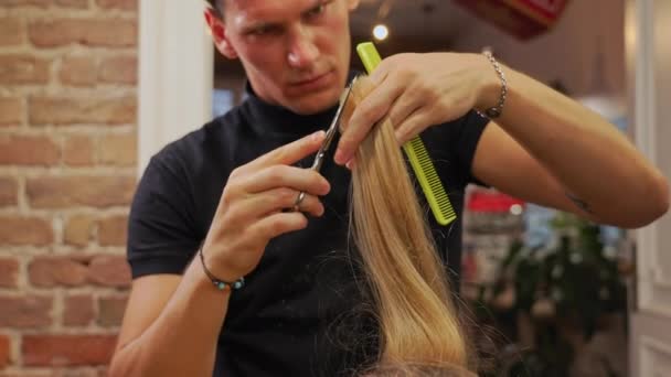 Focused Hairdresser Cutting Edge Female Client Hair Salon Using Thin — Stock video