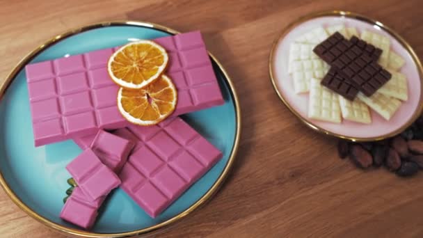 Ruby Dark White Chocolate Bars Orange Slices Cacao Seeds Wooden — Stock Video
