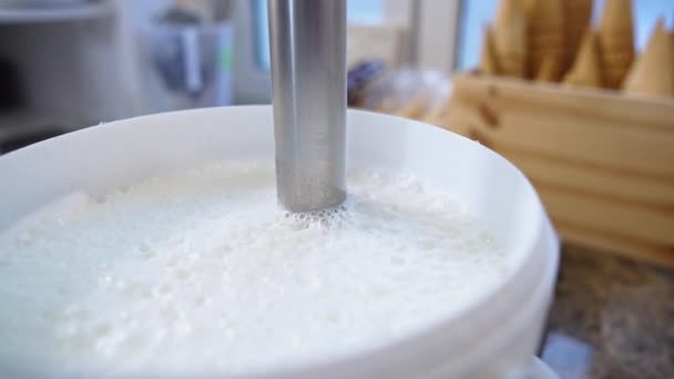Fabrication Crème Glacée Dans Processus Mélangeur Professionnel Dans Seau Pour — Video
