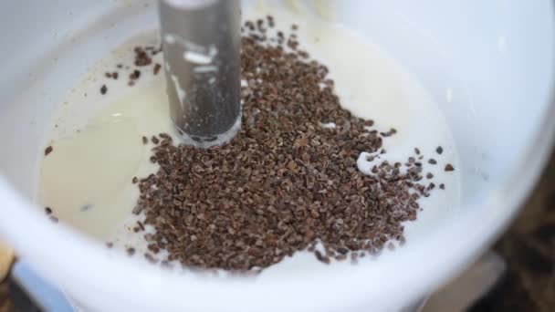 Chef Mixes Nuts Liquid Ice Cream Using Big Blender Bucket — Stock Video