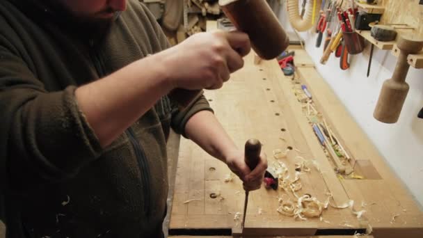 가손으로 망치를 사용하여 작업대에 나무를 조각하였다 고품질 — 비디오
