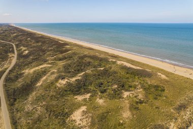 Hollanda 'nın Kuzey Denizi kıyısındaki kum tepeciği üzerinde panoramik manzara. Yüksek kalite fotoğraf