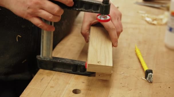 Carpinteiro Colocando Uma Prancha Madeira Uma Ferramenta Prensagem Conceito Artesanato — Vídeo de Stock