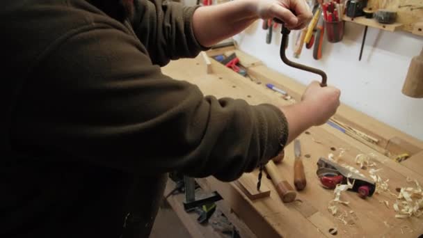 Carpenter Turning Old Brace Creating Hole Wood Handicraft Concept High — Stock Video