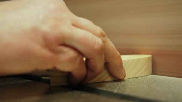 Manos Carpintero Que Moldea Pedazo Madera Usando Primer Plano Máquina — Vídeos de Stock