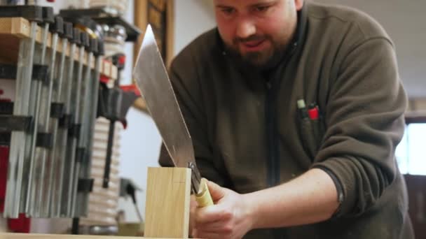 Carpenter Holding Japanese Saw Angle Cut Wood His Shop Concept — Stock Video