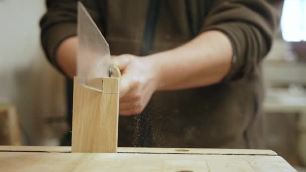 Ręce Stolarza Tnącego Drewno Przy Użyciu Japońskiej Piły Jego Warsztacie — Wideo stockowe