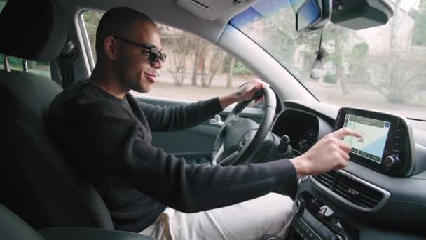 Joyful Young Man Sunglasses Checking Navigation His Car Medium Full — Stock Video
