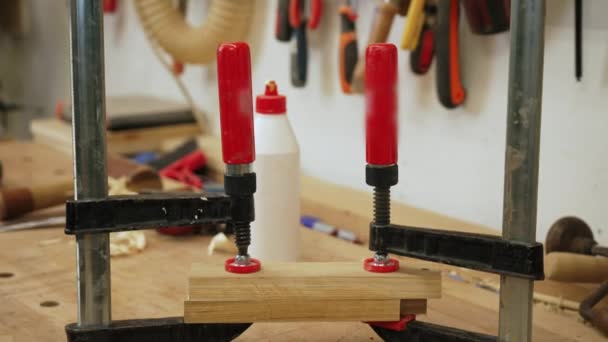 Stangenklemmen Verbinden Zwei Holzteile Einem Holzbearbeitenden Atelier Mit Klebstoff Hochwertiges — Stockvideo
