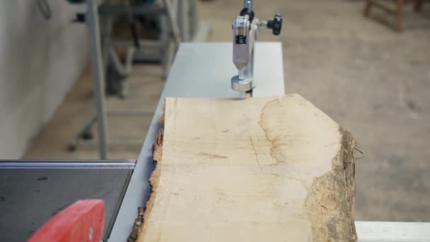 木制木板 粗糙的边缘放置在一个木匠车间的桌旁锯子上 高质量的4K镜头 — 图库视频影像