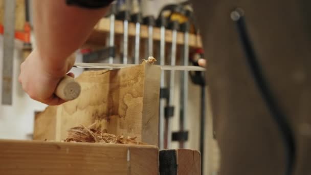 Плотник Использует Нож Бритья Сгладить Древесину Столярной Мастерской Высококачественные Кадры — стоковое видео
