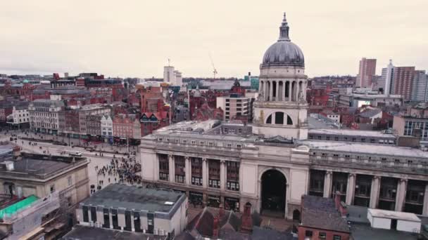 2023 诺丁汉 Nottingham United Kingdom 诺丁汉老市场广场的美丽航拍 设有学生宿舍和办公室 高质量的4K镜头 — 图库视频影像