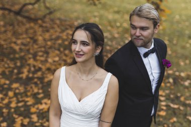 Gelin ve damat sonbahar parkı. Yüksek kalite fotoğraf