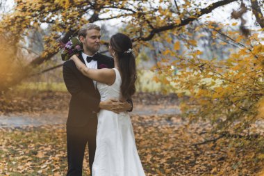 Gelin ve damat sonbahar parkı. Yüksek kalite fotoğraf