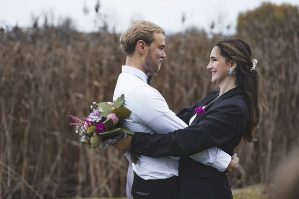 stock image Bride and Groom autumn park. High quality photo