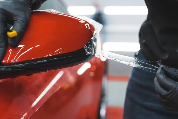 Extreme Closeup Shot Professional Car Detailing Expert Applying Removing Transparent — Stock Photo, Image