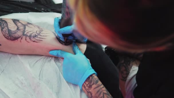 Tetovaná Umělkyně Rukavicích Která Tetování Noze Svého Klienta Interiérovém Studiu — Stock video
