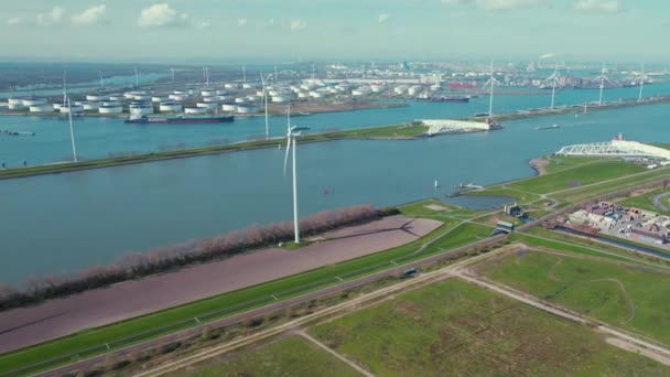 Vista Aerea Sul Porto Rotterdam Turbine Eoliche Lungo Costa Del — Video Stock