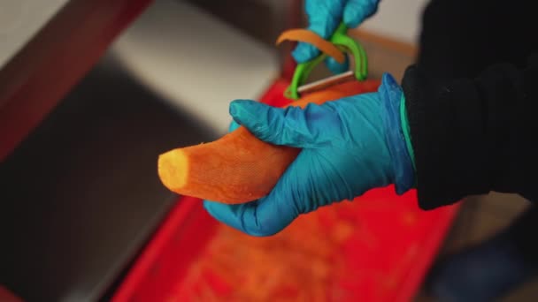 Top View Hand Peeling Carrots Carrot Peel Falling Red Plastiv — Vídeo de Stock