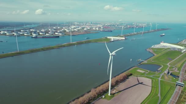 ロッテルダム港の空中ビュー 晴れた日の北海岸沿いの風力タービン 高品質の4K映像 — ストック動画