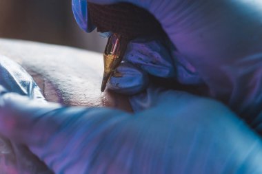 Mavi koruyucu eldivenli, profesyonel iğneler kullanarak müşterilerinin derisine dövme çizen bir kadın dövmecinin aşırı yakın çekimi. Yüksek kalite fotoğraf