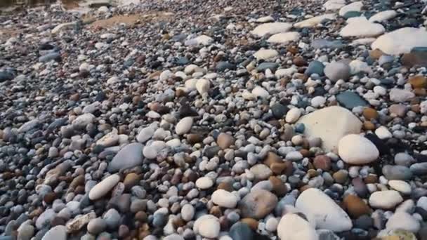 Close Tiro Uma Costa Cheia Pedras Coloridas Formação Rocha Flamborough — Vídeo de Stock
