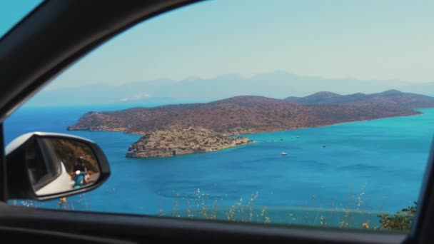 Wspaniały Widok Starożytnej Weneckiej Twierdzy Spinalonga Podjęte Przez Samochód Kreta — Wideo stockowe