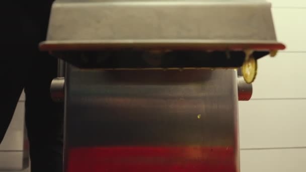 Шматочки Огірків Випадають Автоматичного Різака Тонко Нарізані Огірки Висаджуються Червону — стокове відео