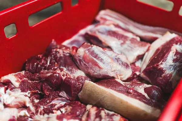 Pilha Carne Porco Talho Conceito Produção Carne Carne Porco Cortada — Fotografia de Stock