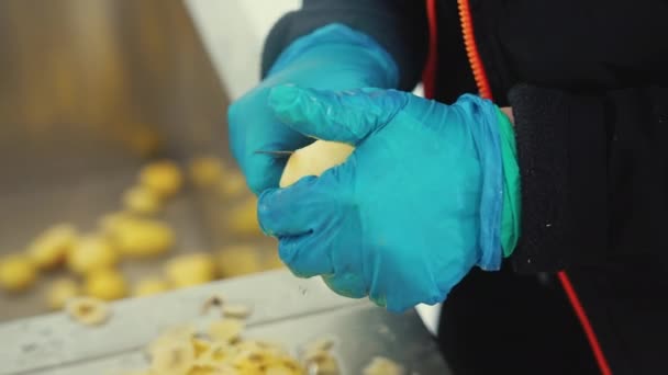 レストランのキッチン従業員のクローズアップショット ナイフでジャガイモを剥ぐ 背景にジャガイモを巻きました 高品質の4K映像 — ストック動画