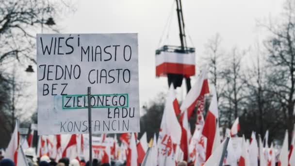 2024 Varsovia Polonia Foto Afiche Banderas Polacas Fondo Manifestación Agricultores — Vídeo de stock