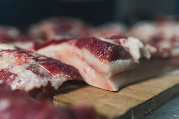 Corte Carne Porco Matadouro Carne Porco Conceito Indústria Alimentar Foto — Fotografia de Stock