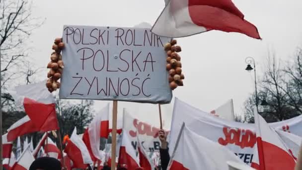 2024 Warszawa Polska Zatłoczona Ulica Ludźmi Polskimi Flagami Plakatami Rolnicy — Wideo stockowe
