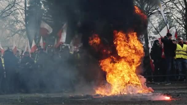 2024 インタビュー ワルシャワ ポーランド バックグラウンドの旗を持つ火と暗黒の煙とデモ隊のフルショット 高品質の4K映像 — ストック動画