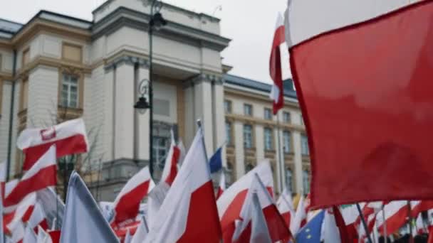 2024 Warszawa Polska Ludzie Maszerujący Flagami Polski Narodowej Warszawie Wysokiej — Wideo stockowe